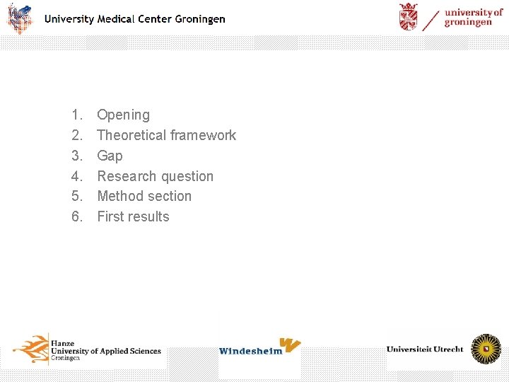 1. 2. 3. 4. 5. 6. Opening Theoretical framework Gap Research question Method section