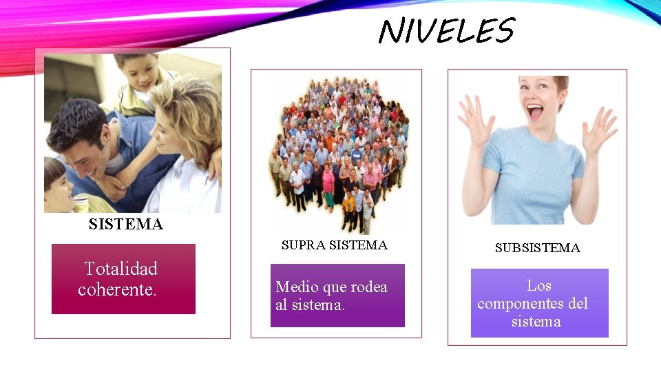 NIVELES SISTEMA SUPRA SISTEMA Totalidad coherente. Medio que rodea al sistema. SUBSISTEMA Los componentes