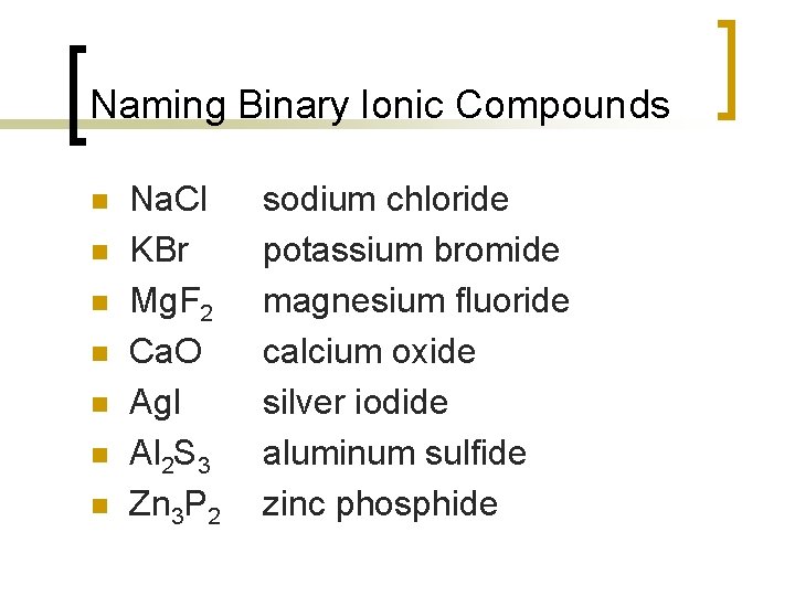 Naming Binary Ionic Compounds n n n n Na. Cl KBr Mg. F 2