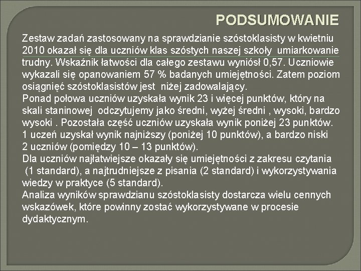 PODSUMOWANIE Zestaw zadań zastosowany na sprawdzianie szóstoklasisty w kwietniu 2010 okazał się dla uczniów