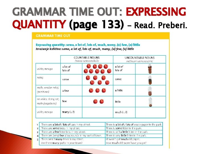 GRAMMAR TIME OUT: EXPRESSING QUANTITY (page 133) – Read. Preberi. 