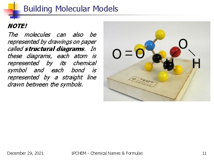 Building Molecular Models NOTE! The molecules can also be represented by drawings on paper