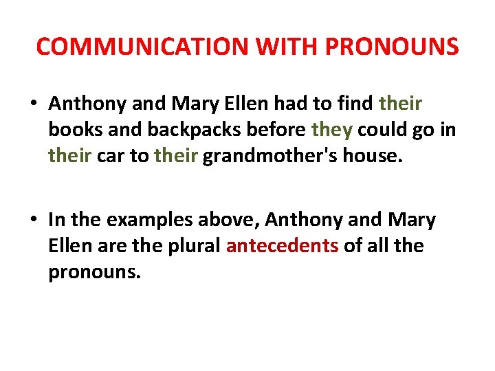 COMMUNICATION WITH PRONOUNS • Anthony and Mary Ellen had to find their books and