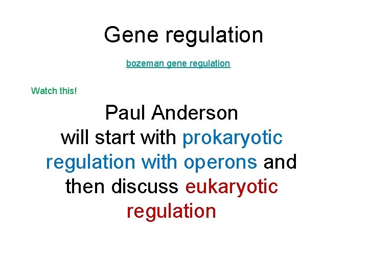 Gene regulation bozeman gene regulation Watch this! Paul Anderson will start with prokaryotic regulation