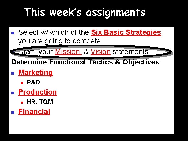 This week’s assignments Select w/ which of the Six Basic Strategies you are going