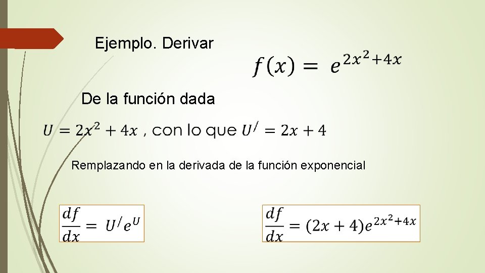 Ejemplo. Derivar De la función dada Remplazando en la derivada de la función exponencial