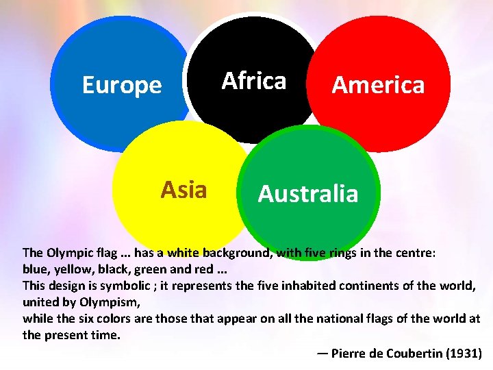 Europe Asia Africa America Australia The Olympic flag. . . has a white background,