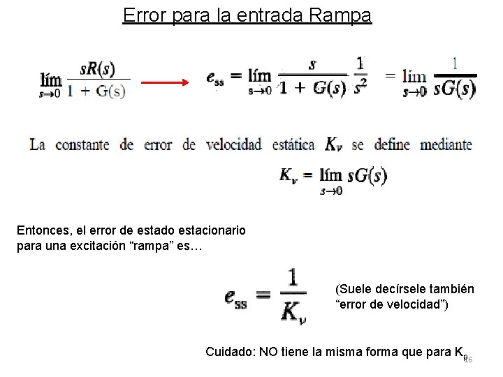 Error para la entrada Rampa Entonces, el error de estado estacionario para una excitación