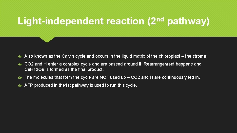 Light-independent reaction (2 nd pathway) Also known as the Calvin cycle and occurs in