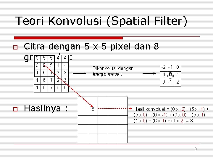 Teori Konvolusi (Spatial Filter) o Citra dengan 5 x 5 pixel dan 8 0
