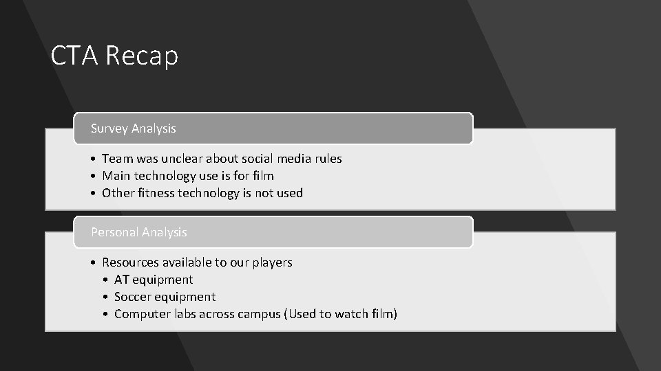 CTA Recap Survey Analysis • Team was unclear about social media rules • Main