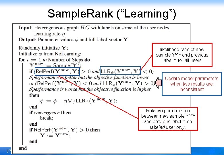 Sample. Rank (“Learning”) likelihood ratio of new sample Ynew and previous label Y for