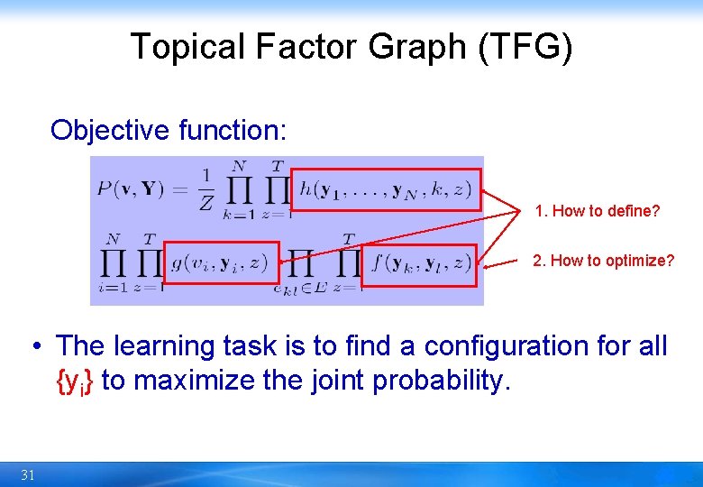 Topical Factor Graph (TFG) Objective function: 1. How to define? 2. How to optimize?