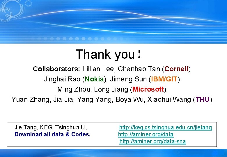 Thank you！ Collaborators: Lillian Lee, Chenhao Tan (Cornell) Jinghai Rao (Nokia) Jimeng Sun (IBM/GIT)