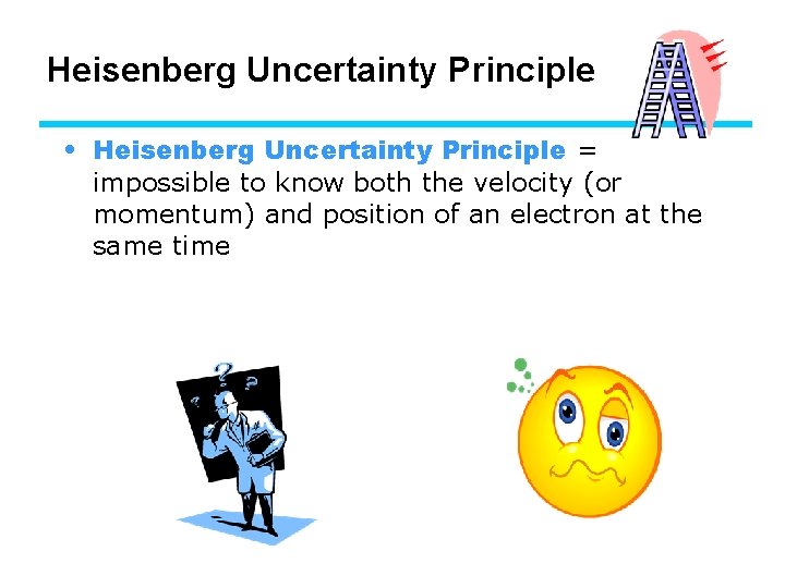 Heisenberg Uncertainty Principle • Heisenberg Uncertainty Principle = impossible to know both the velocity