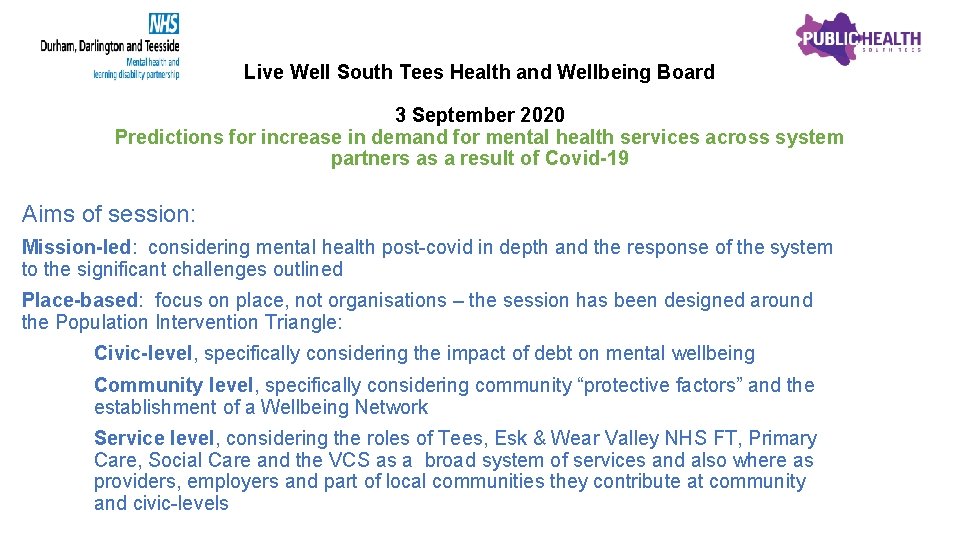 Live Well South Tees Health and Wellbeing Board 3 September 2020 Predictions for increase