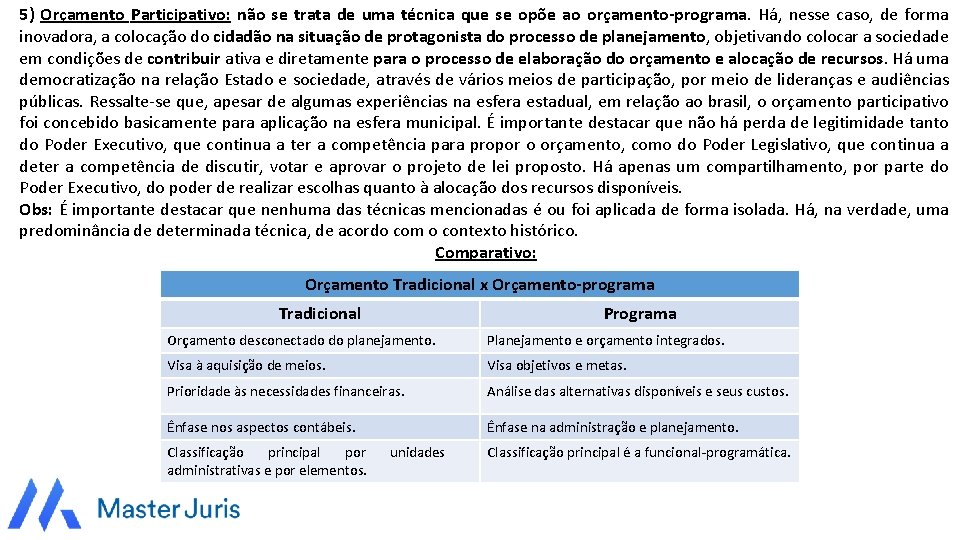 5) Orçamento Participativo: não se trata de uma técnica que se opõe ao orçamento-programa.