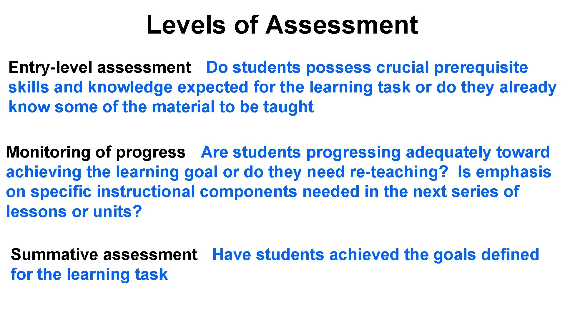 Levels of Assessment Entry-level assessment - Do students possess crucial prerequisite skills and knowledge