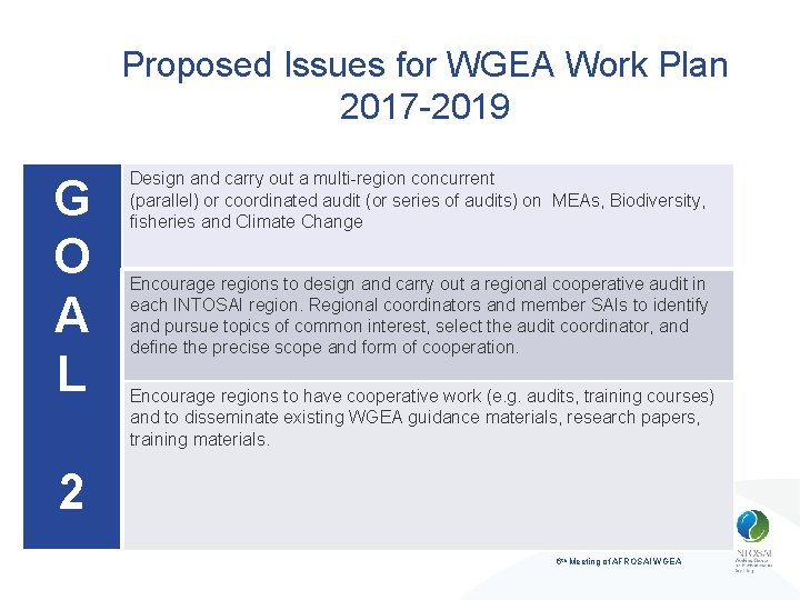Proposed Issues for WGEA Work Plan 2017 -2019 G O A L Design and
