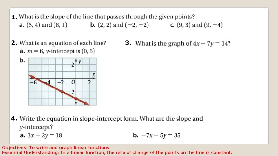 1. 2. 3. 4. Objectives: To write and graph linear functions Essential Understanding: In 1. 2. 3. 4. Objectives: To write and graph linear functions Essential Understanding: In