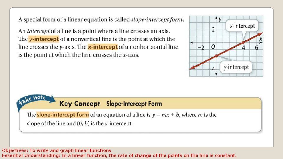 Objectives: To write and graph linear functions Essential Understanding: In a linear function, the Objectives: To write and graph linear functions Essential Understanding: In a linear function, the