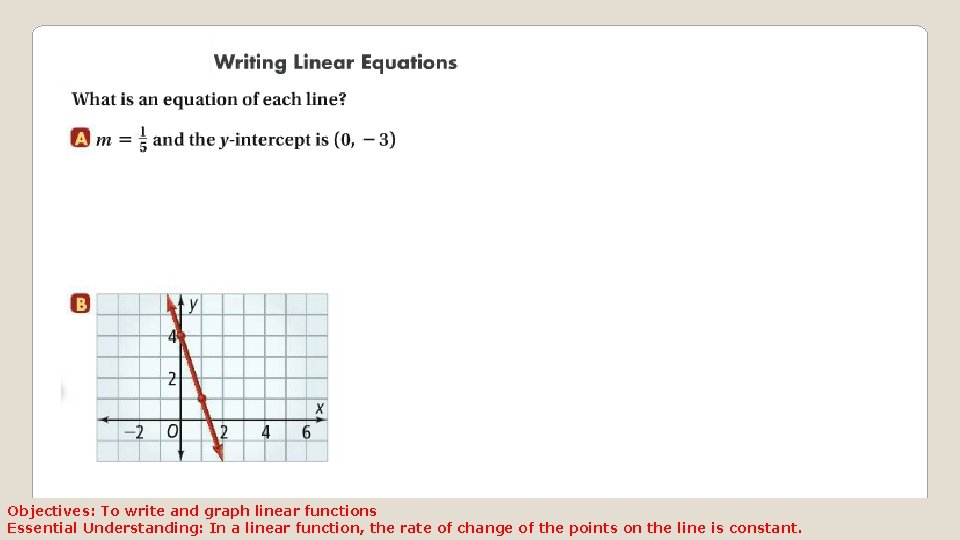 Objectives: To write and graph linear functions Essential Understanding: In a linear function, the Objectives: To write and graph linear functions Essential Understanding: In a linear function, the