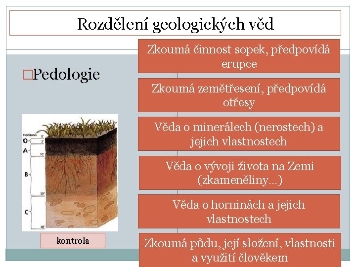 Rozdělení geologických věd �Pedologie Zkoumá činnost sopek, předpovídá erupce Zkoumá zemětřesení, předpovídá otřesy Věda