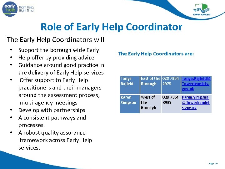 Role of Early Help Coordinator The Early Help Coordinators will • Support the borough