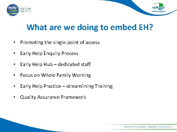 What are we doing to embed EH? • Promoting the single point of access
