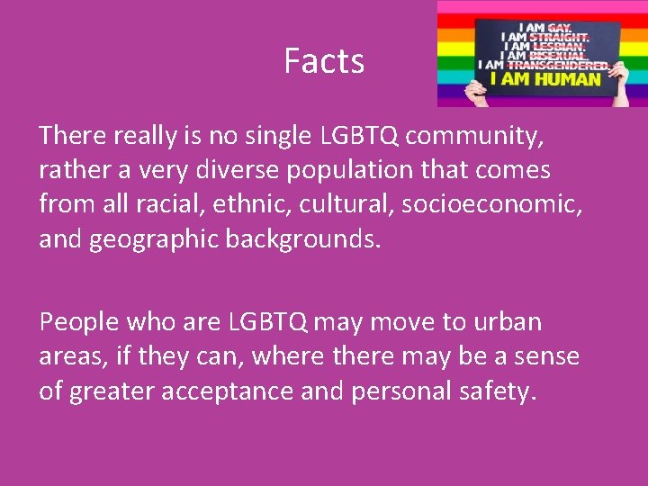 Facts There really is no single LGBTQ community, rather a very diverse population that