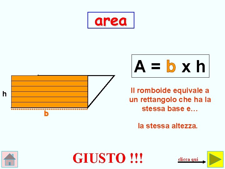 area A=bxh h b Il romboide equivale a un rettangolo che ha la stessa