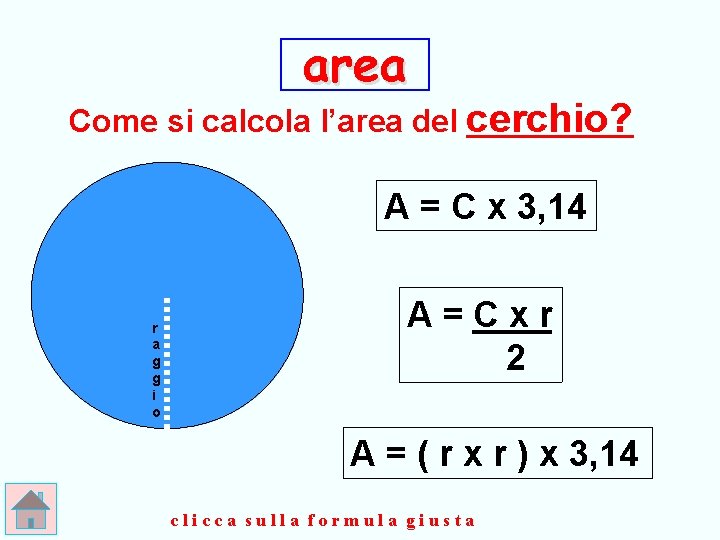 area Come si calcola l’area del cerchio? A = C x 3, 14 r