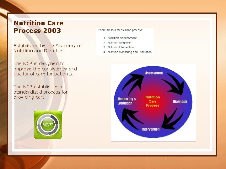 Nutrition Care Process 2003 Established by the Academy of Nutrition and Dietetics. The NCP