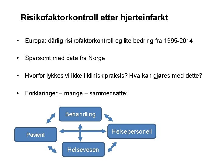 Risikofaktorkontroll etter hjerteinfarkt • Europa: dårlig risikofaktorkontroll og lite bedring fra 1995 -2014 •