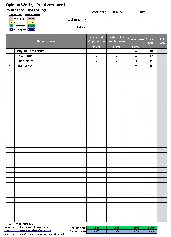 Opinion Writing Pre-Assessment Student and Class Scoring: Scoring Key: Total # Correct 1 =