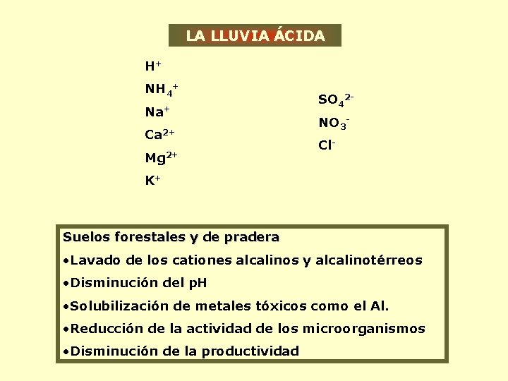 LA LLUVIA ÁCIDA H+ NH 4+ Na+ Ca 2+ Mg 2+ SO 42 NO