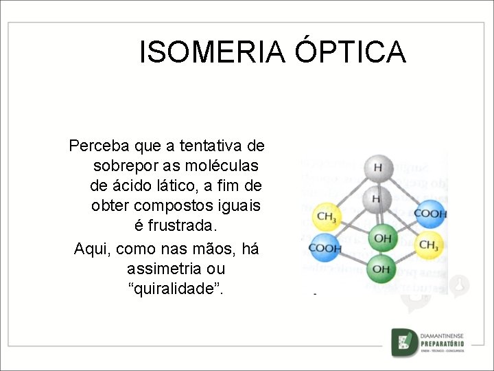 ISOMERIA ÓPTICA Perceba que a tentativa de sobrepor as moléculas de ácido lático, a