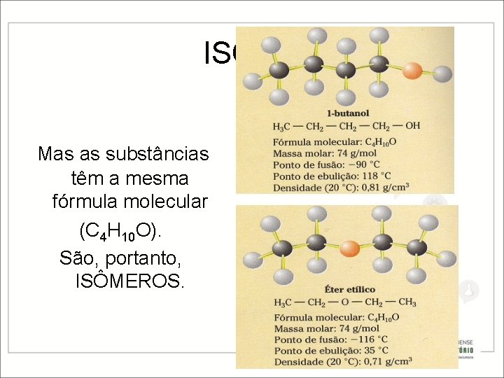 ISOMERIA Mas as substâncias têm a mesma fórmula molecular (C 4 H 10 O).
