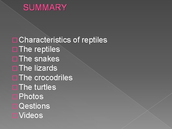 SUMMARY � Characteristics of � The reptiles � The snakes � The lizards �