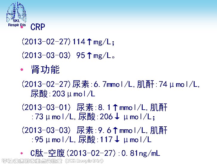 SKL Respir Dis • CRP (2013 -02 -27)114↑mg/L； (2013 -03 -03) 95↑mg/L。 • 肾功能