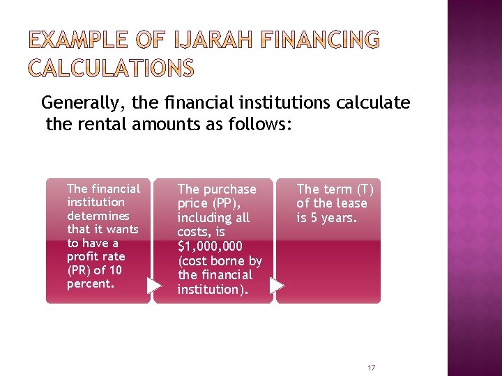 Generally, the financial institutions calculate the rental amounts as follows: The financial institution determines