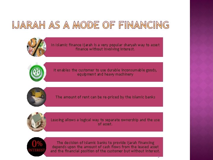 In Islamic finance Ijarah is a very popular sharyah way to asset finance without