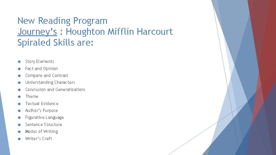 New Reading Program Journey’s : Houghton Mifflin Harcourt Spiraled Skills are: Story Elements Fact