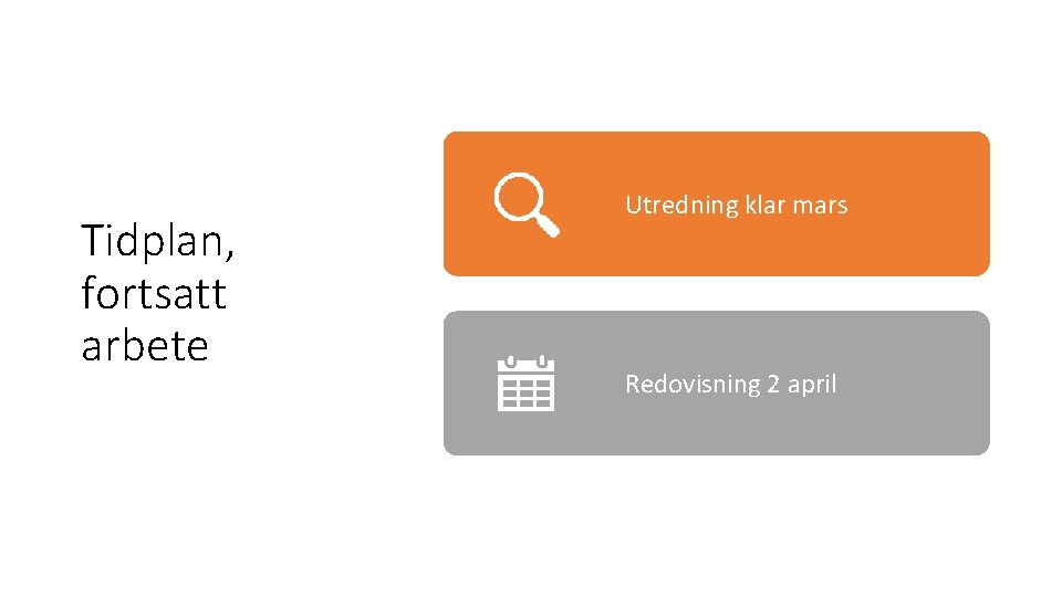 Tidplan, fortsatt arbete Utredning klar mars Redovisning 2 april 