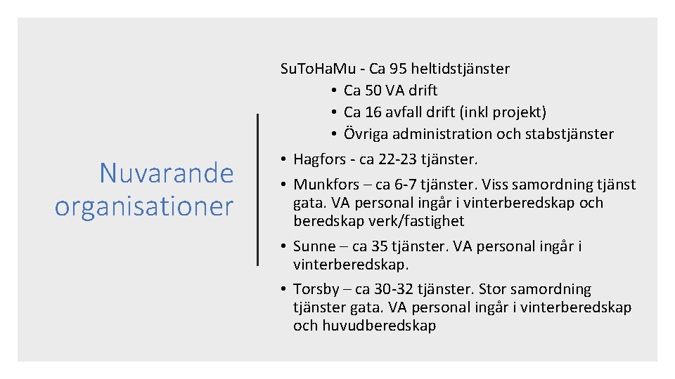 Nuvarande organisationer Su. To. Ha. Mu - Ca 95 heltidstjänster • Ca 50 VA