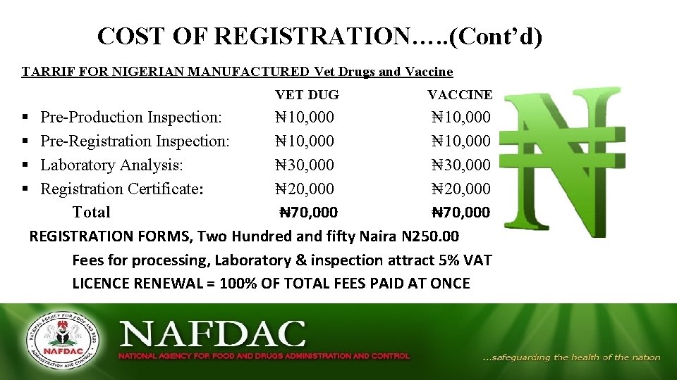 COST OF REGISTRATION…. . (Cont’d) TARRIF FOR NIGERIAN MANUFACTURED Vet Drugs and Vaccine VET