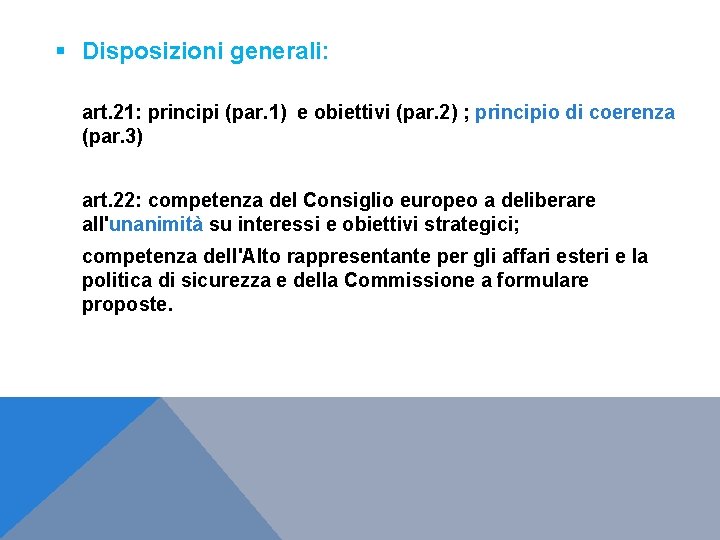  Disposizioni generali: art. 21: principi (par. 1) e obiettivi (par. 2) ; principio