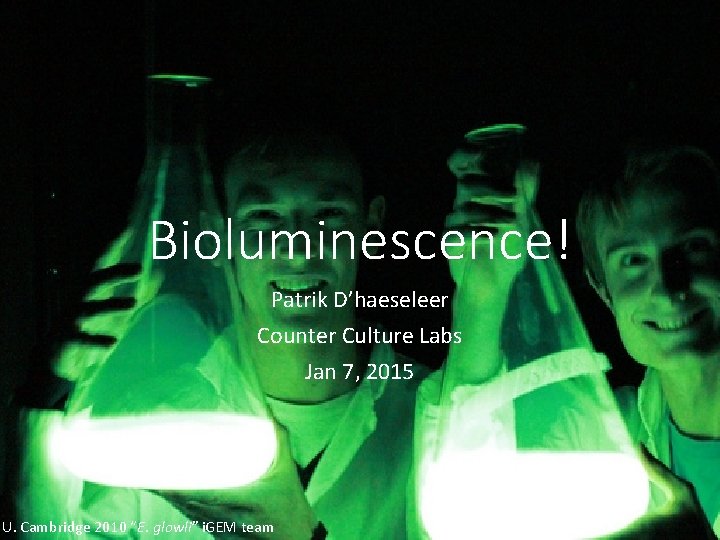 Bioluminescence! Patrik D’haeseleer Counter Culture Labs Jan 7, 2015 U. Cambridge 2010 “E. glowli”