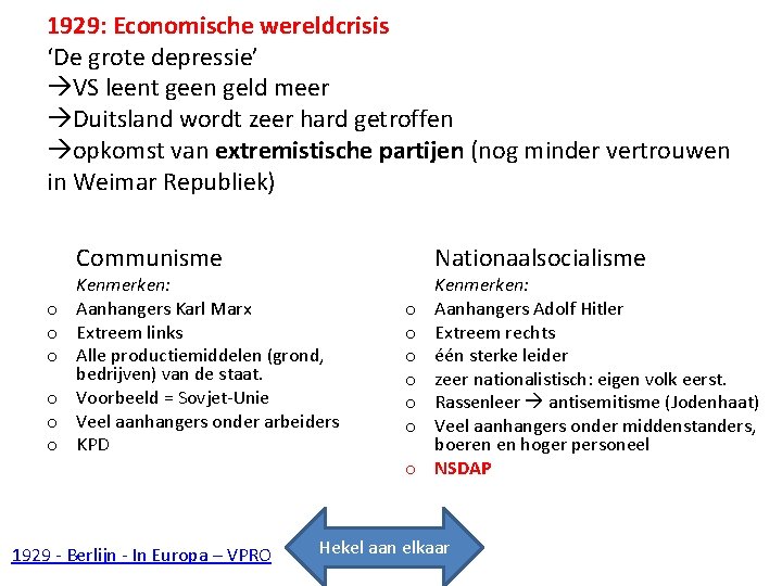 1929: Economische wereldcrisis ‘De grote depressie’ VS leent geen geld meer Duitsland wordt zeer