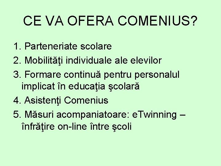 CE VA OFERA COMENIUS? 1. Parteneriate scolare 2. Mobilităţi individuale elevilor 3. Formare continuă